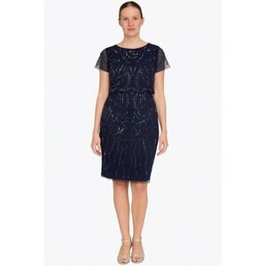Adrianna Papell Midnight Blue Beaded Sheath Cocktail Dress Size 0 XS Knee Length